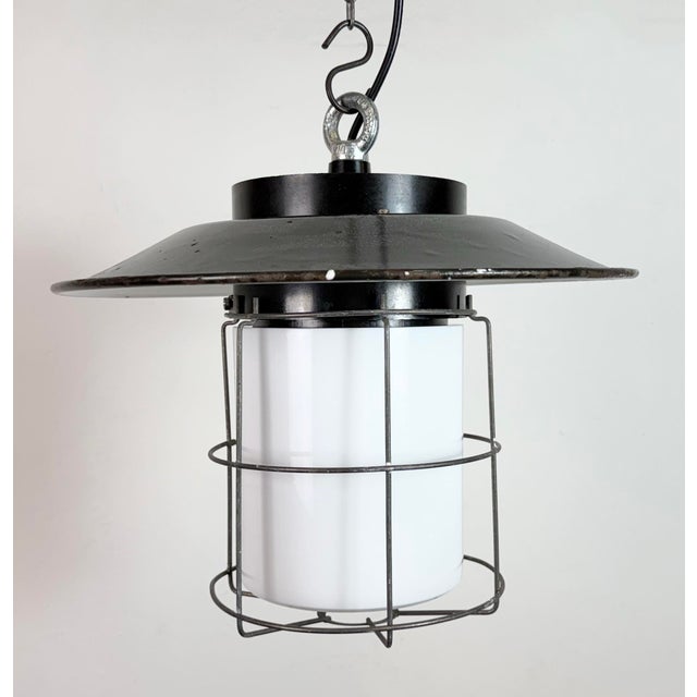 Industrial Grey Enamel, Glass, and Iron Cage Pendant Lamp from Elektrosvit, 1960s For Sale - Image 4 of 16