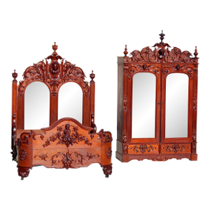Monumental 19th Century Rococo Revival Bedroom Set – Hand Carved Queen Bed & Armoire – Museum Quality