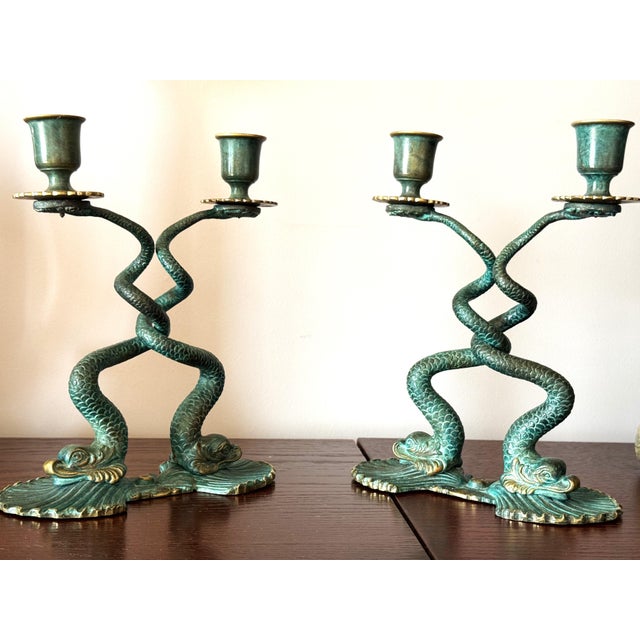 1930s Italian Sculptural Bronze Fish Candlesticks, 1950s, Set of 2 For Sale - Image 5 of 14
