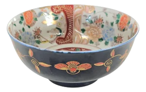 Antique Japanese Imari Porcelain Bowl With Shishi and Kirin Motifs, Black and Gold Moriage, 7.25”