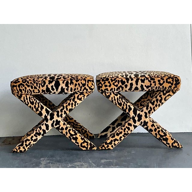 Amber Vintage Leopard Velvet X-Base Stools - A Pair For Sale - Image 8 of 17