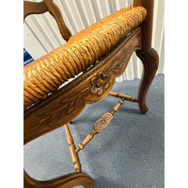 Vintage Carved Ladder‑Back Rush Seat Chairs – Set of 6 For Sale - Image 9 of 12