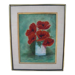 Mid Century Modern Painting of Red Poppies in a White Vase, Framed For Sale