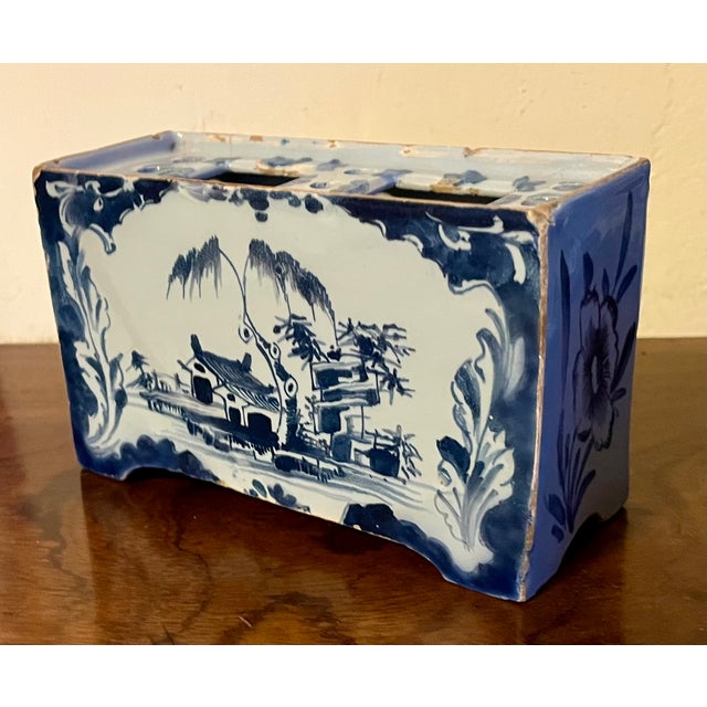 Antique 18th century English George III Lambeth Delft blue & white pottery flower brick circa 1770. Decorated with...