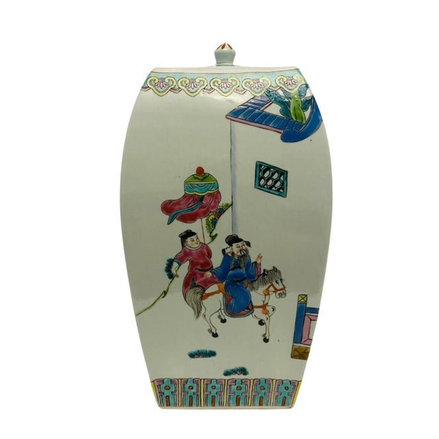 Antique Asian Chinoiserie Hand Painted Porcelain 13” Ginger Jar with Lid. Estate find. Very good overall preowned...