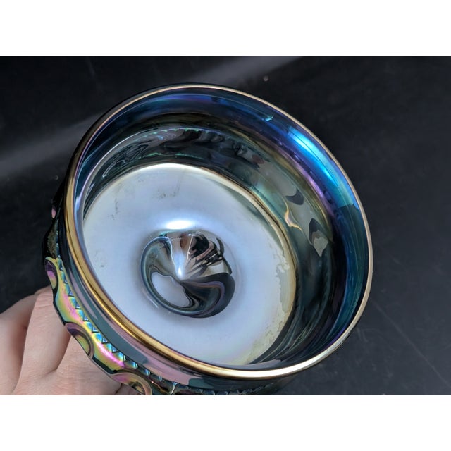 Mid-Century Modern Carnival Glass Candy Dish King's Crown Blue 5.25" Stemmed Bowl Indiana Glass For Sale - Image 3 of 5
