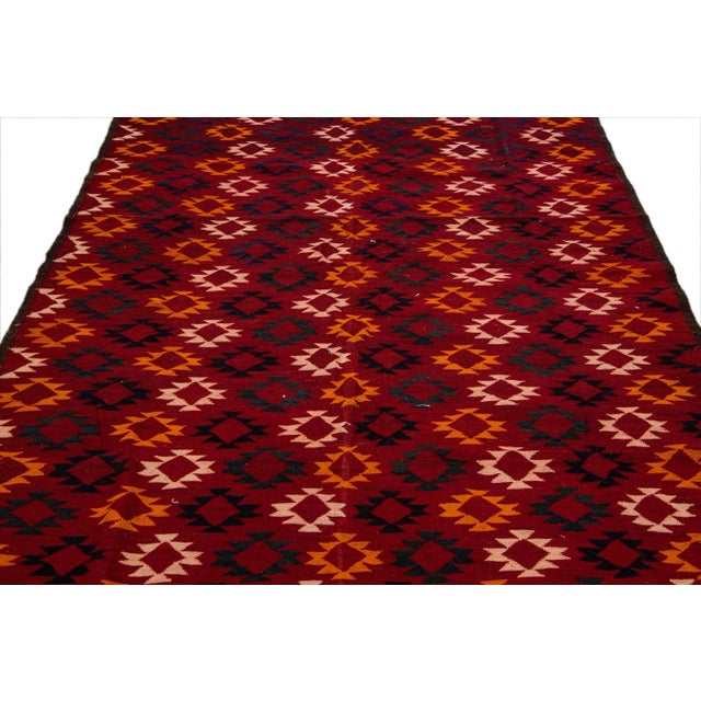 Vintage Kilim Handmade Flatweave Geometric Red Wool Runner For Sale - Image 9 of 10
