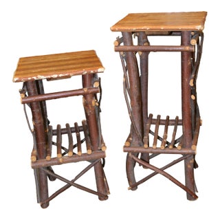 1980s Pair Adirondack Style Hand Crafted Twig Log Wood Plant Stands or End Tables For Sale
