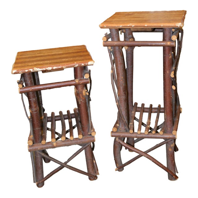 1980s Pair Adirondack Style Hand Crafted Twig Log Wood Plant Stands or End Tables For Sale