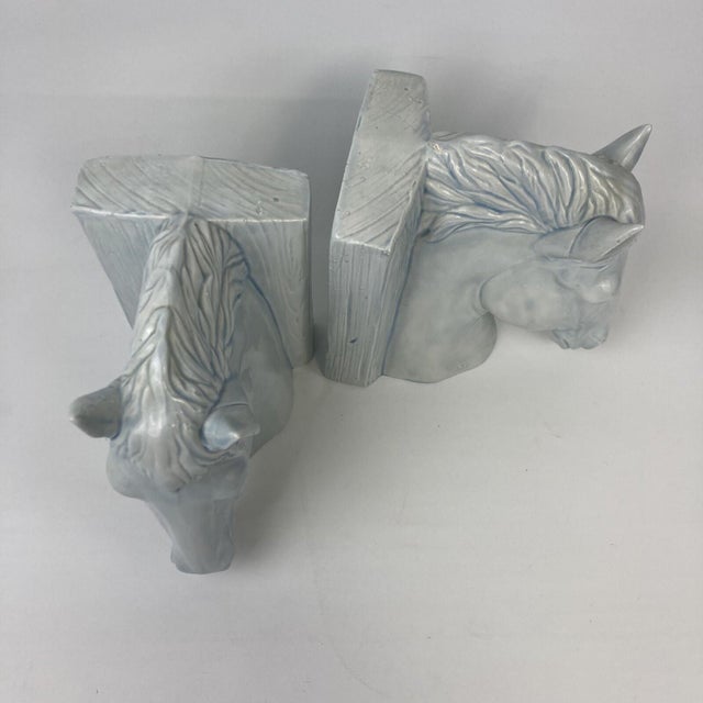 Mid 20th Century VTG Set 2 Mid Century Ceramic Horse Head Bookends Pale Blue White Glazed 8.5" For Sale - Image 5 of 11