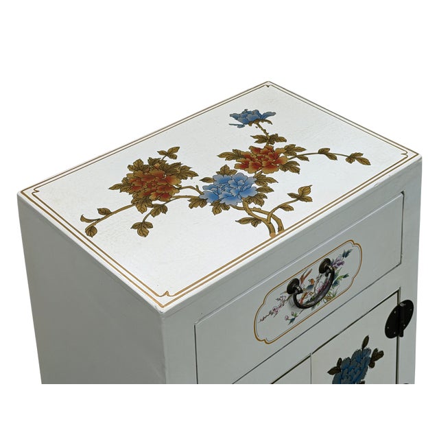 Chinese Off White Vinyl Moon Face Flower Graphic End Table Nightstand For Sale - Image 12 of 12