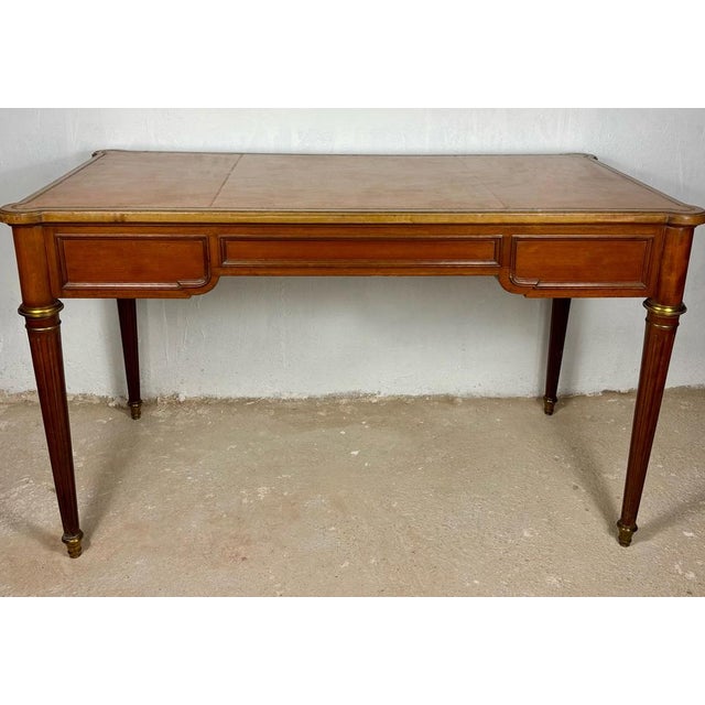 Brown Vintage Writing Desk with Brass Details and Three Drawers, 1920 For Sale - Image 8 of 16