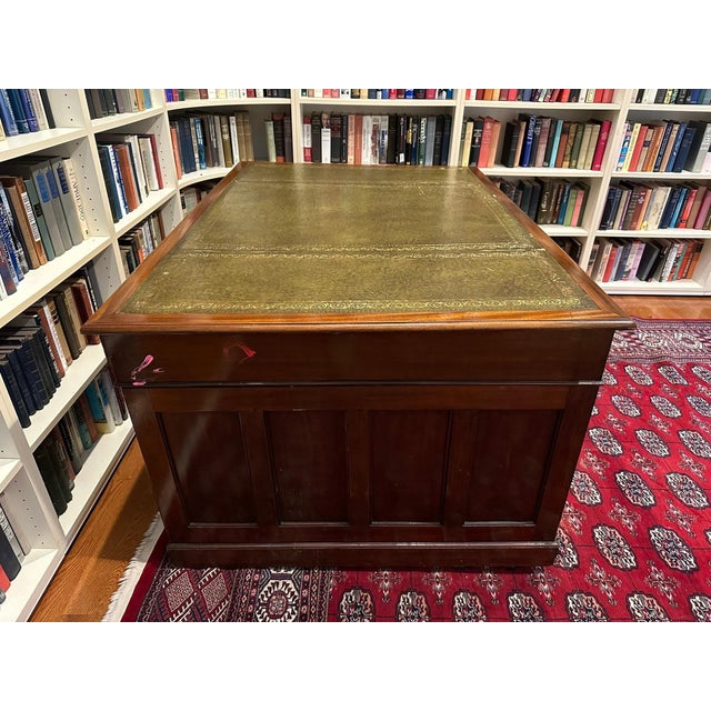 Late 19th Century Antique Mahogany English Tooled Leather Top Partner Desk For Sale - Image 5 of 12