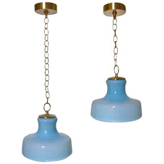 1960s Italian Murano Pale Blue Glass Ceiling Light Pendants - a Pair For Sale
