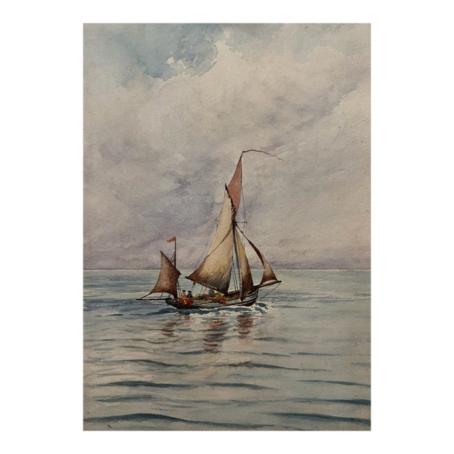Early 20th Century Attributed to Frank Henry Mason British Marine Watercolor Sailing Boat at Sea For Sale