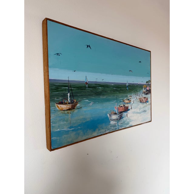 Mid-Century Modern 1977 Vintage Coastal Seascape Oil on Canvas Painting – Signed, Illegible For Sale - Image 3 of 12
