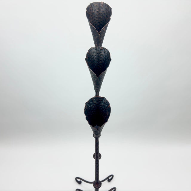 2020s Hand Forged Iron Candelabra Set of 3 (100-120cm) Antique Copper Finish Hammered Stem with Calla Lily Cups For Sale - Image 5 of 10