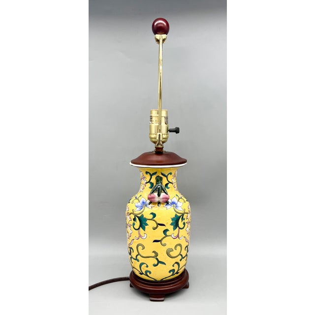 Ceramic Vintage Chinese Floral Hand-Painted Porcelain Lamp With Applied Fruit Handles - Chinoiserie, Traditional, Asian For Sale - Image 7 of 14