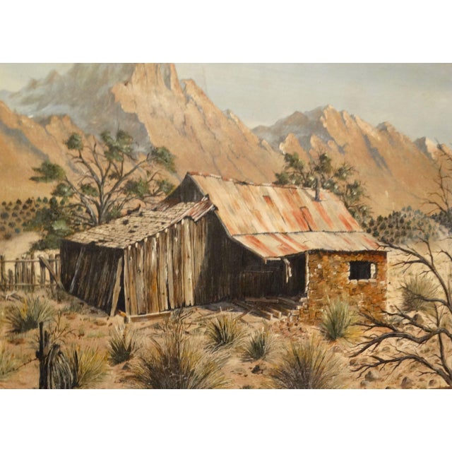 A 'Dona Ana Southwest Desert Cabin View' oil painting on board by well known Southwest artist, Connie Blake 1946-2026. It...
