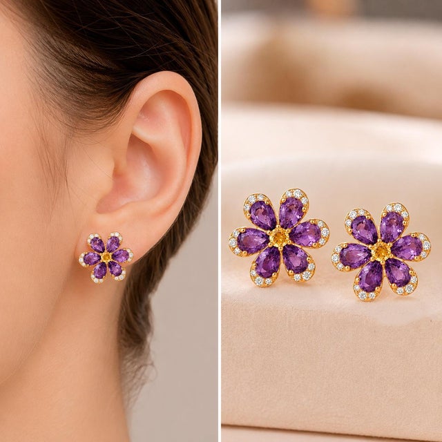 Six petal flower earrings studs with amethyst and citrines in 925 silver with gold plating over. Metal type: 925 silver...