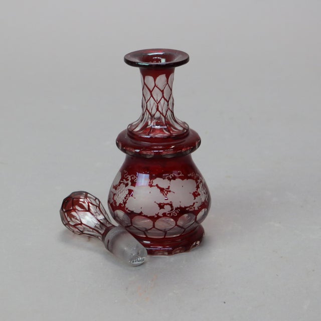 Antique Bohemian Cranberry Cut to Clear Perfume Bottle with Grape and Leaf Pattern C1890 Measures - 7.5"H x 2.75"W x 2.75"D
