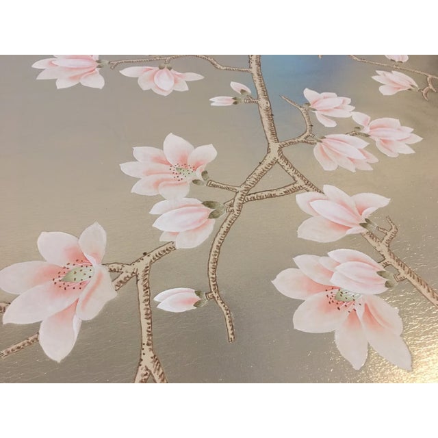 Metal Hand‑Painted Champagne Gold Leaf Chinoiserie Mural, Pink Magnolia Blossom Wall Panel For Sale - Image 7 of 9