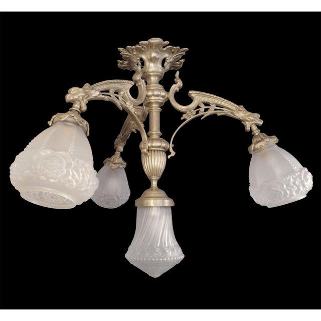 19th Century French Medieval Gothic Revival Bronze Four-Light Chandelier with Frosted Glass with Gryphons Gargoyles Dragons, 1890s For Sale - Image 5 of 13