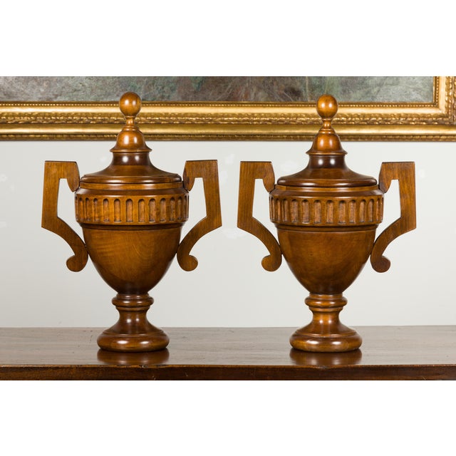 Pair of Midcentury English Carved Walnut Lidded Urns with Large Handles For Sale In Atlanta - Image 6 of 11
