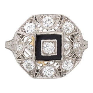 Vintage Art Deco Diamond Onyx Ring Platinum Filigree Octagon Jewellery size 4.75 For Sale