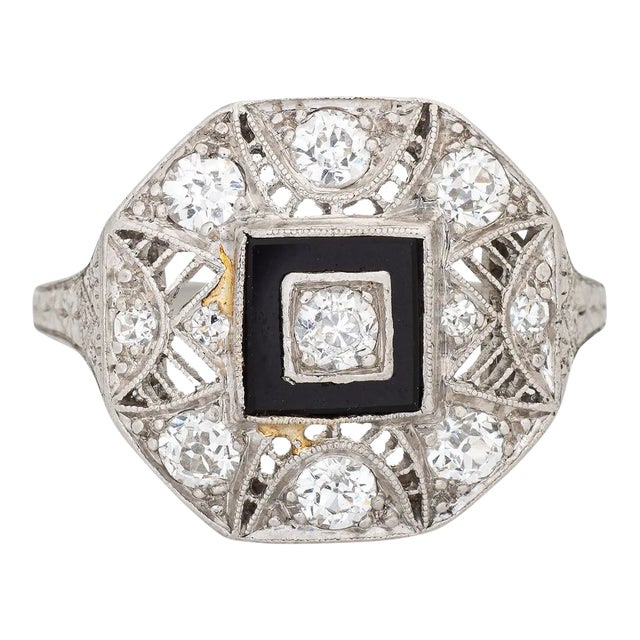 Vintage Art Deco Diamond Onyx Ring Platinum Filigree Octagon Jewellery size 4.75 For Sale