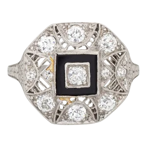 Vintage Art Deco Diamond Onyx Ring Platinum Filigree Octagon Jewellery size 4.75