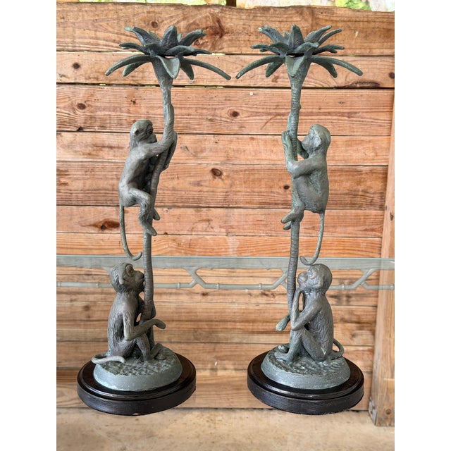Wood Pair of Vintage Maitland-Smith Style Bronze Monkey Palm Tree Candlesticks For Sale - Image 7 of 12
