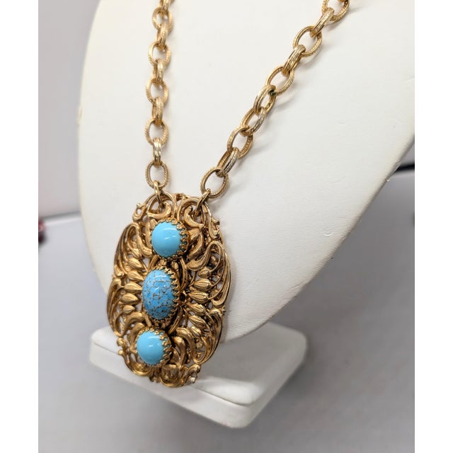 Vintage 1960s Signed Napier Goldtone Cabochon Faux-Turquoise Pendant Necklace For Sale In Philadelphia - Image 6 of 10