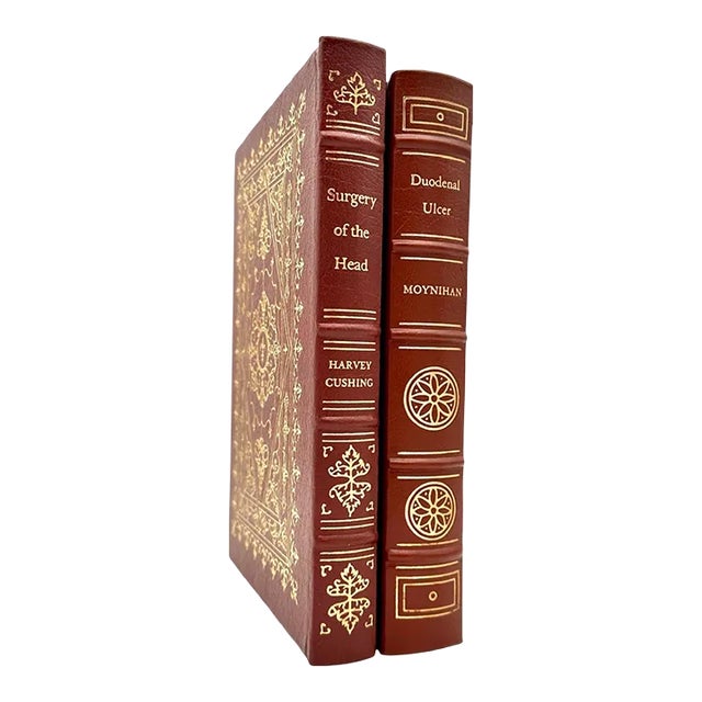 Late 20th Century Limited Edition Red & 22k Gold Leather Bound Medicine Books a Pair For Sale