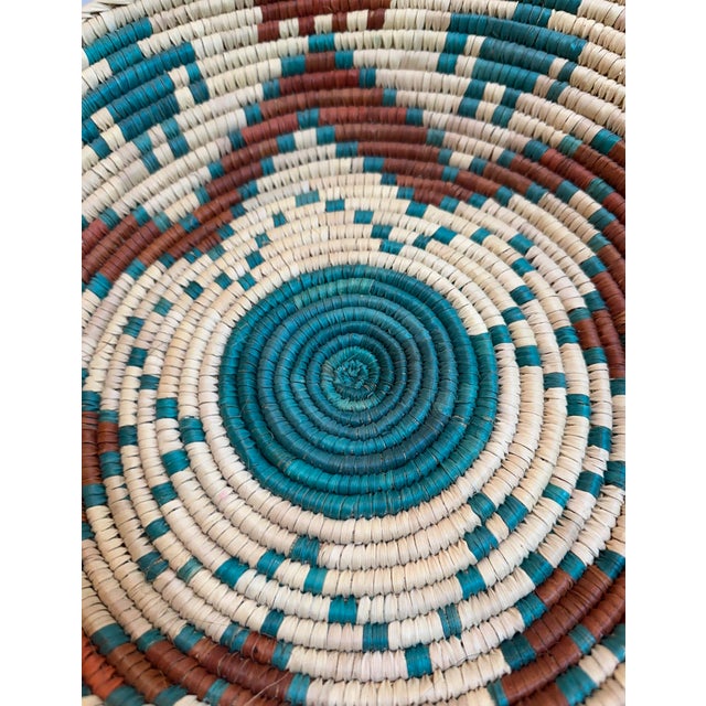 Rustic Vintage 1980s Tribal Weaving Coiled Handmade Boho Basket 16" Diameter Southwestern Home Decor For Sale - Image 3 of 11