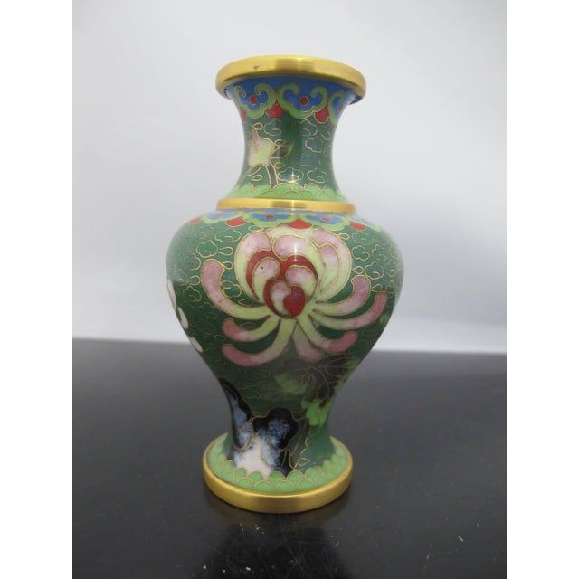 Chinese Cloisonne Green Enamel Flower Gilt Miniature Vase Pair For Sale - Image 9 of 10