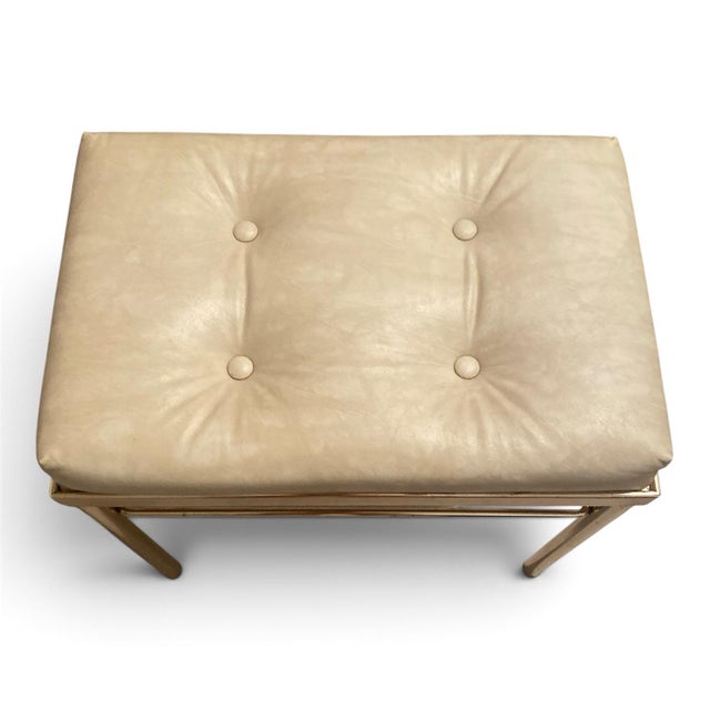 Mid-Century Modern Vintage Koch Originals Brass Vanity Bench Tufted Cream Vinyl Hollywood Regency For Sale - Image 3 of 9