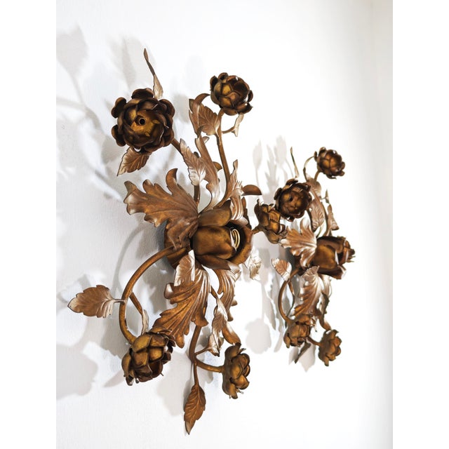 Hollywood Regency Gilded Metal Wall Lamps, Italy, 1960s, Set of 2 For Sale - Image 6 of 17