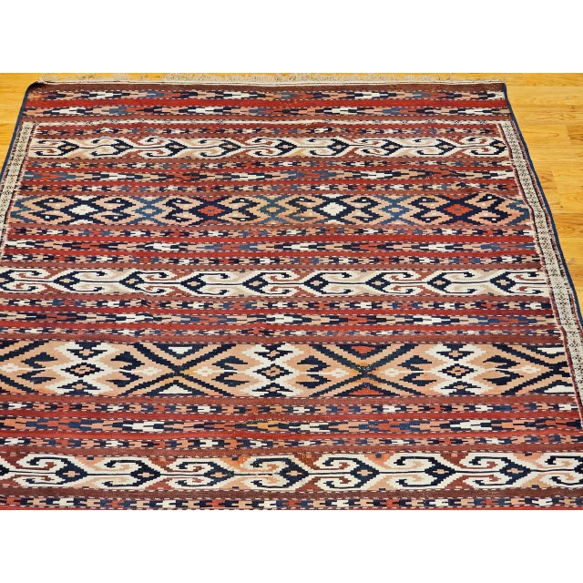 Antique Turkmen Yomut Soumak Kilim, Handwoven Wool, Geometric Pattern, Rust & Blue, 5’ X 10’ For Sale - Image 9 of 13