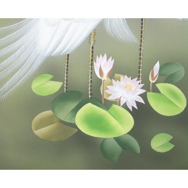 Slate Gray "Egrets and the Moon" by Kawamura Shusui, Showa Era Japanese Silk Scroll Painting For Sale - Image 8 of 18