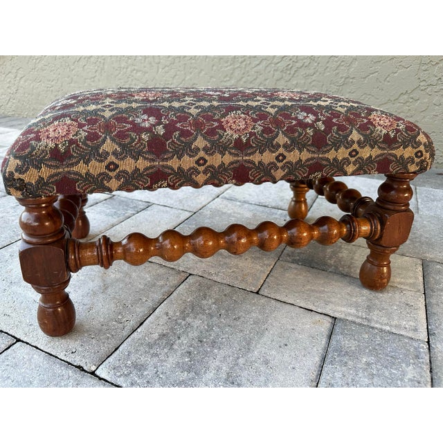Antique 19th Century Bobbin Leg Upholstered Wood Footstool For Sale In Orlando - Image 6 of 12