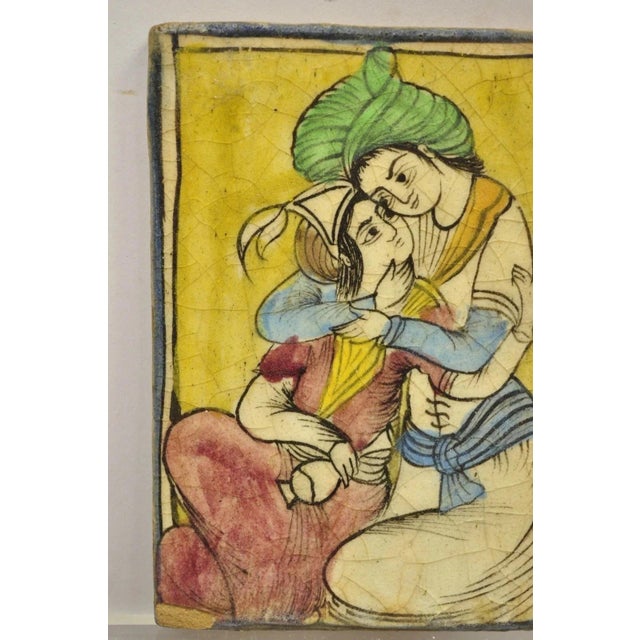 Antique Persian Iznik Qajar Style Ceramic Yellow Pottery Tile Loving Couple B C5 For Sale - Image 4 of 10
