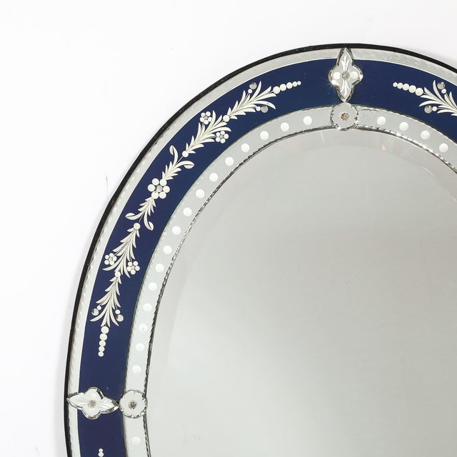 Blue Mid-Century Venetian Glass Reverse-Etched Oval Mirror W/ Sapphire Blue Border For Sale - Image 8 of 16
