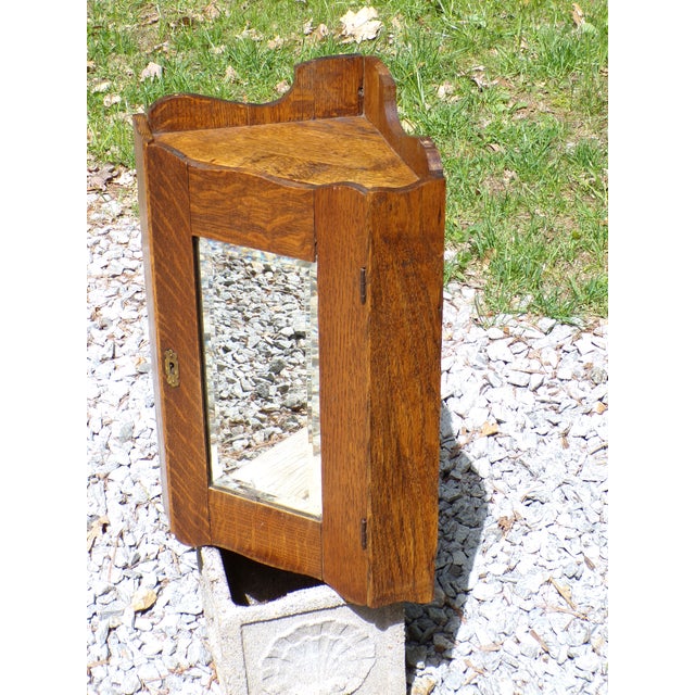 Wood Antique Oak Corner Medicine Cabinet Beveled Mirror Cupboard Kitchen Apothecary For Sale - Image 7 of 13