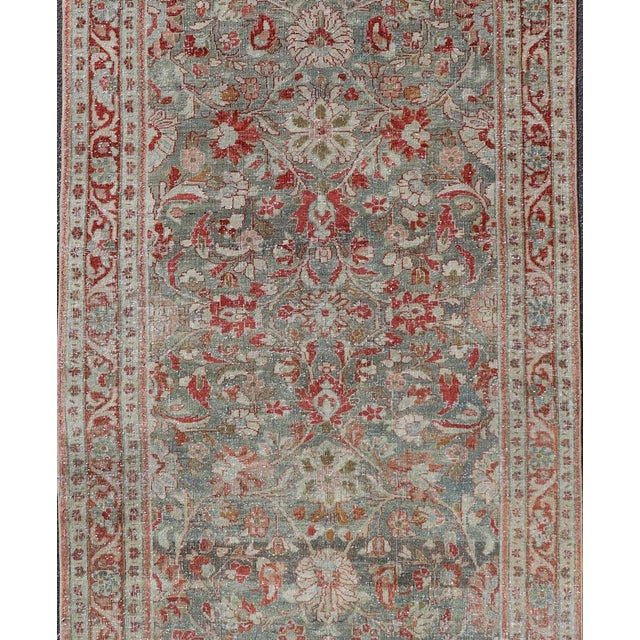 Antique Persian Mahal Gallery Rug With Soft Blue Ground and Red Allover Design 5'2 X 11'2 For Sale - Image 4 of 15