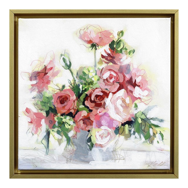 Pink Powder - Framed Abstract Colorful Still Life Mixed Media Art on Canvas Original Artwork by Kellie Newsome For Sale