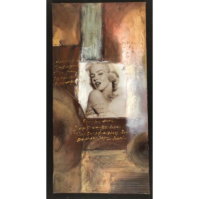 Post-modern artwork featuring a mixed media painting of Marilyn Monroe, with a center picture of Marilyn Monroe against a...