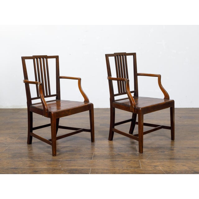 Early 19th Century Pair of English Early 19th Century Plank Seat Chairs with Scrolling Arms For Sale - Image 5 of 12