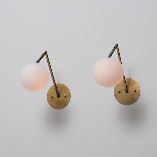 Vintage Italian Geometric Brass and Opaline Globe Wall Sconces, 1950s, Set of 2 For Sale - Image 13 of 14