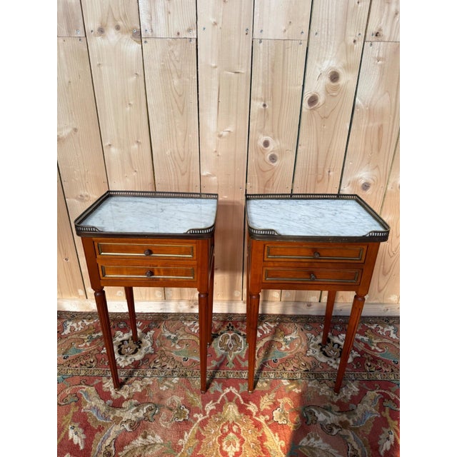 Pair of neo-louis xvi style bedside tables in cherry wood, with a period honey-mahogany patina, dating from 1970. each...